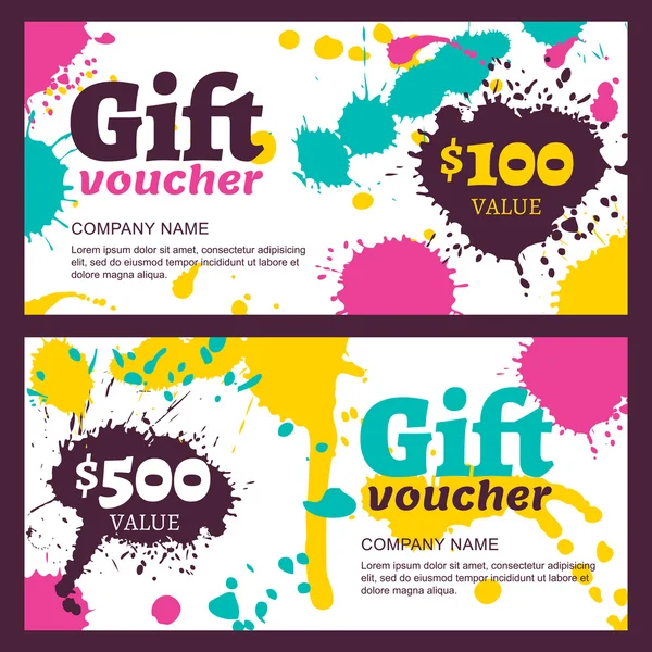 Vector gift voucher with watercolor colorful splashes, blots, st — Vector de stock