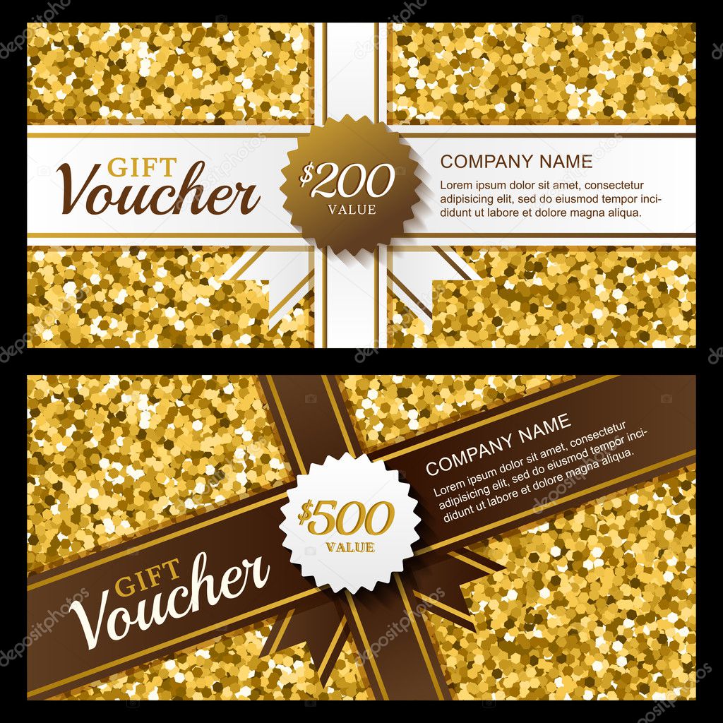 Vector gift voucher with golden sparkling pattern and ribbon.