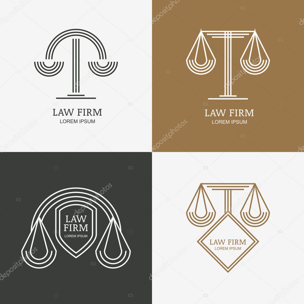 Set of vector line style vintage law firm logo design template. Trendy abstract illustration of scales and shield. Design concept for law and legal business, heraldic emblem, lawyer, labels, badges