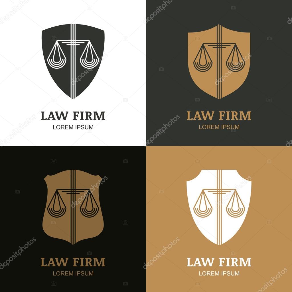Set of vector line art vintage law firm logo template. Trendy abstract illustration of scales and shield. Design concept for law and legal business, heraldic emblem, lawyer, label, badges