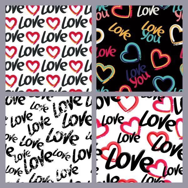 Set of vector seamless watercolor and ink patterns with hand drawn word love and hearts. — Stock Vector