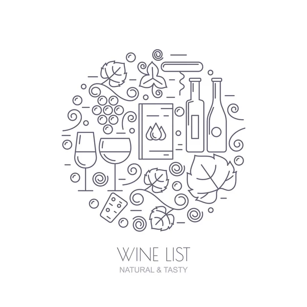 Wine bottle, glass, grape vine, leaf icons. Food and drink backg - Stok Vektor