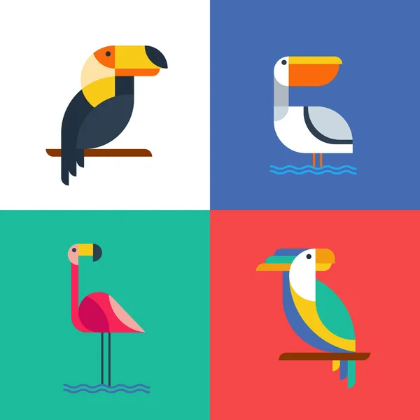 Exotische tropische vogels vlakke stijl logo iconen. — Stockvector