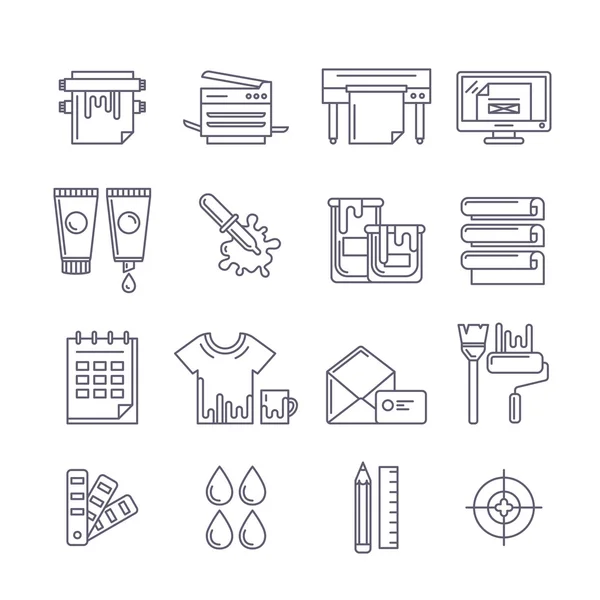 Vector conjunto de iconos impresión contorno. Impresora, plotter, pinturas y — Vector de stock