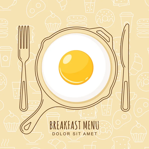 Fried egg and hand drawn pan, fork and knife on seamless backgro — Stock Vector