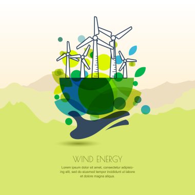 Human hand holding earth with wind turbines. Vector outline illu