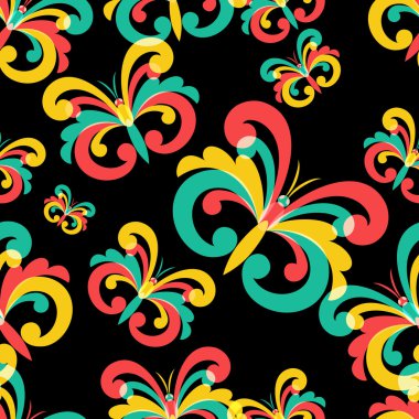 Vector seamless pattern with multicolor butterflies on black bac