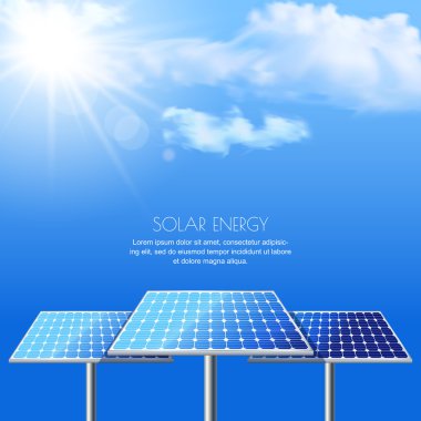 Realistic vector illustration of solar batteries on cloudscape b