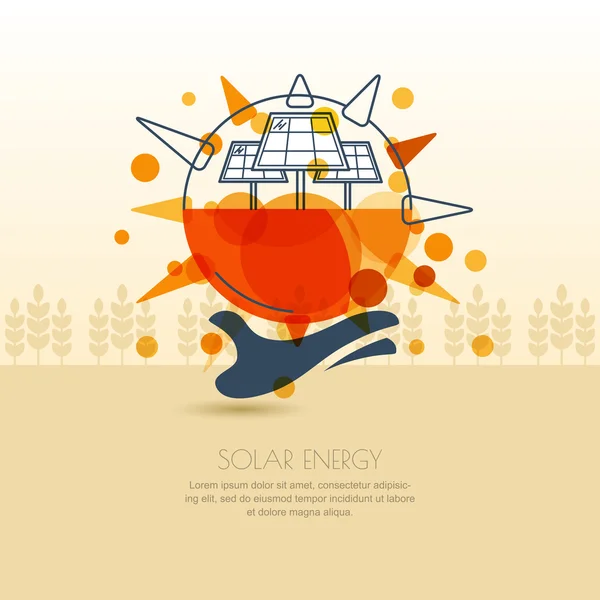 Human hand holding sun with solar battery. Vector outline illust — Vettoriale Stock