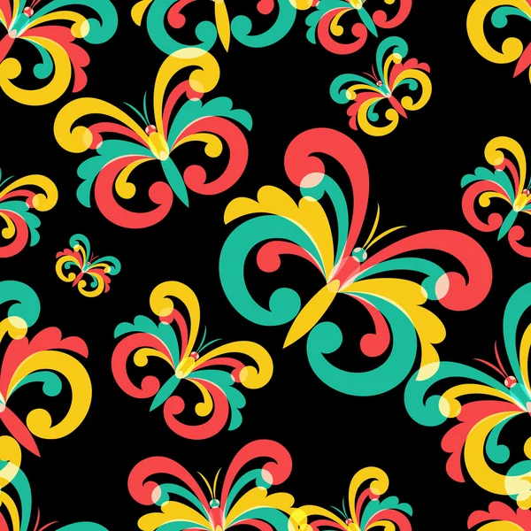 Vector seamless pattern avec des papillons multicolores sur bac noir — Image vectorielle