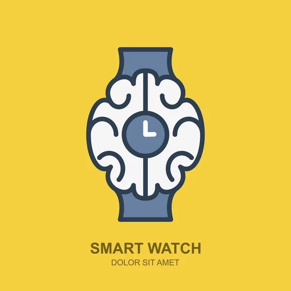 Вектор логотип значок с мозгом и часами. Смарт часы контур плоский — стоковый вектор