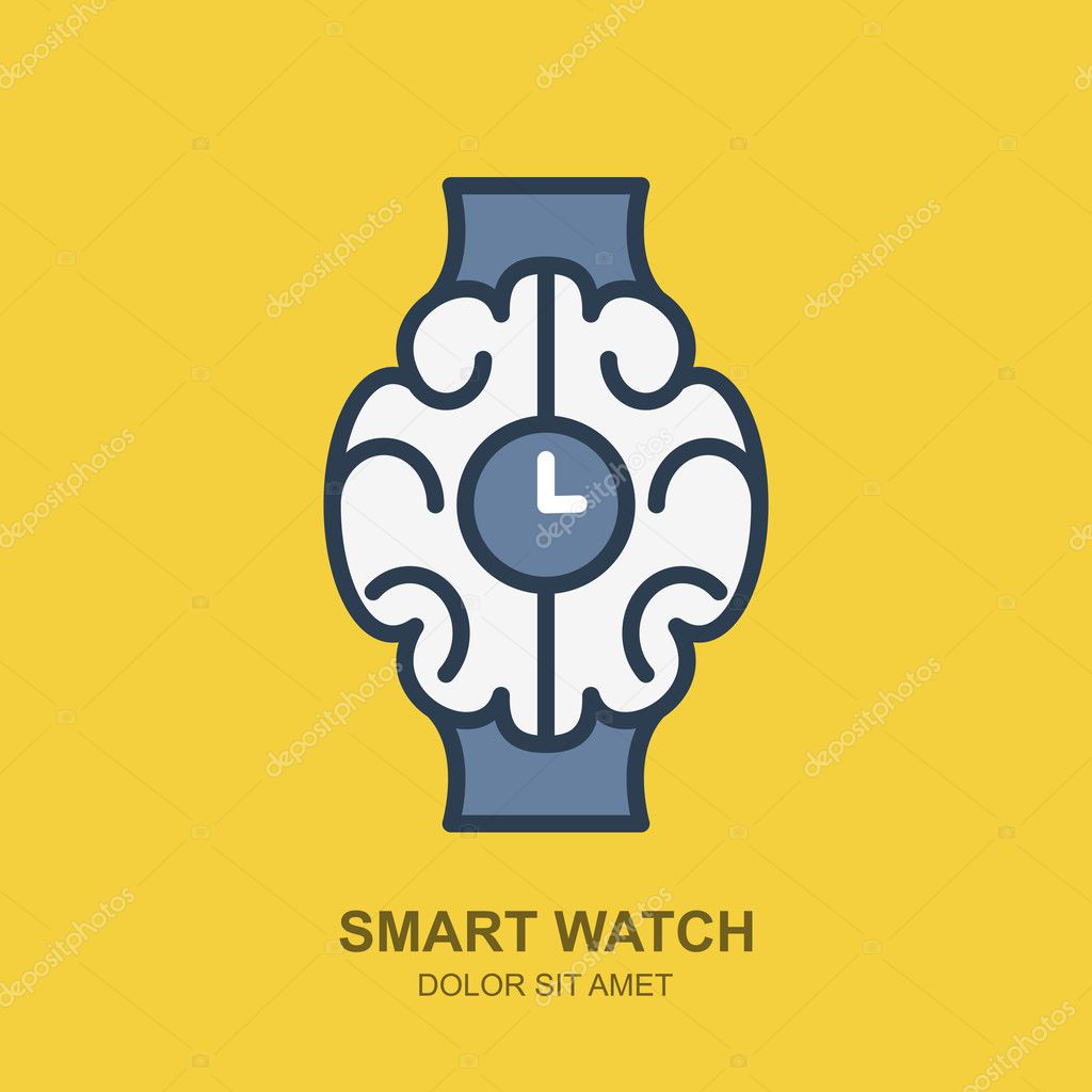Vector logo icon with brain and clock. Smart watch outline flat illustration. Design concept for modern technology and innovation, business solutions, electronic device.