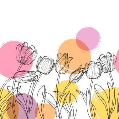  Black and white hand drawn tulip flowers and watercolor blots.