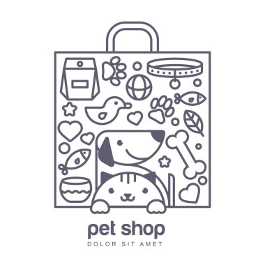 Outline illustration of cute cat and dog in shopping bag shape. 
