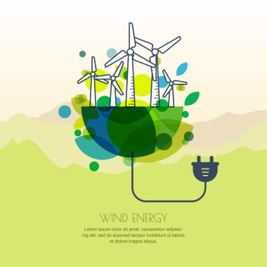 Vector illustration of earth with wind turbines, and wire plug.