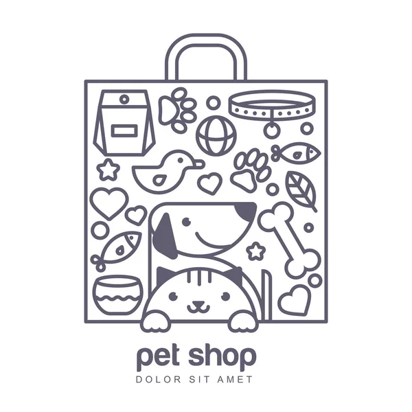 Outline illustration of cute cat and dog in shopping bag shape. — Stok Vektör