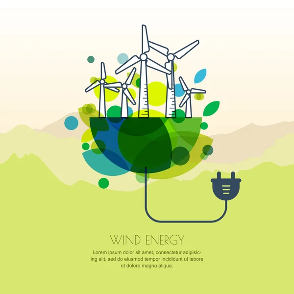Vector illustration of earth with wind turbines, and wire plug. — Vector de stock