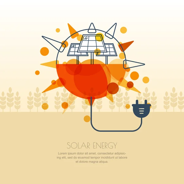 Vector illustration of sun with solar battery and wire plug. — Vettoriale Stock