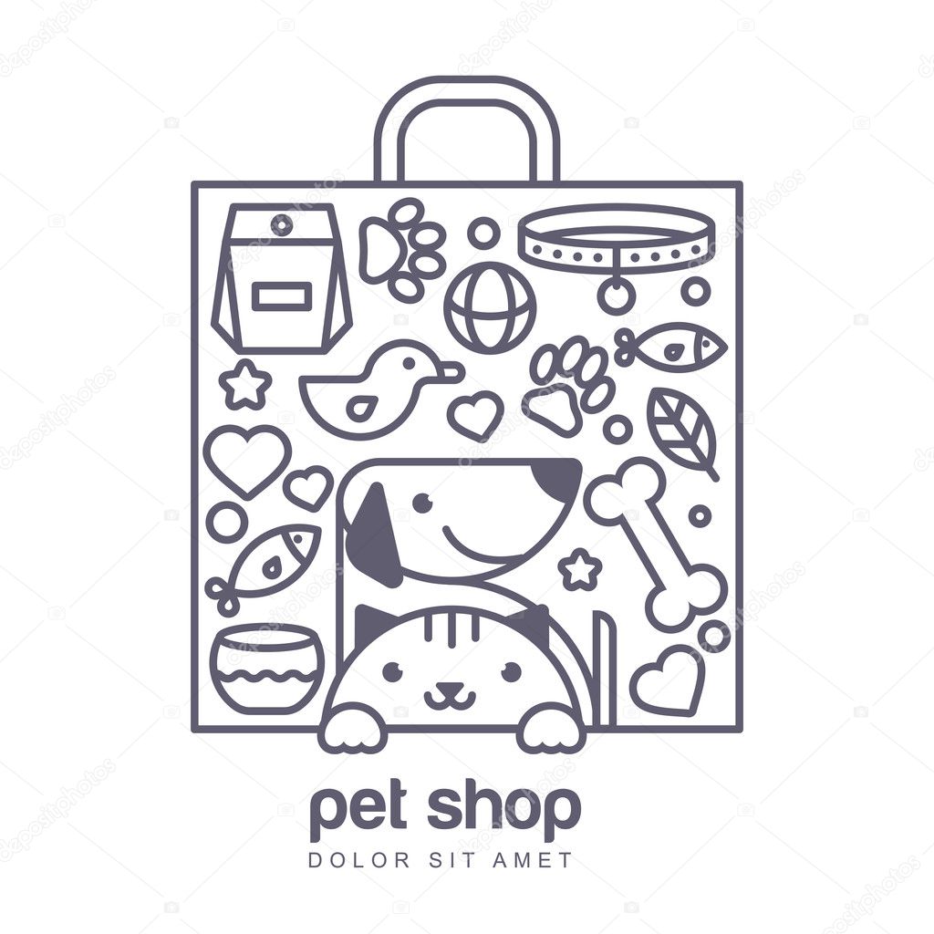 Outline illustration of cute cat and dog in shopping bag shape. Goods for animals, vector icons set. Abstract design concept for pet shop or veterinary.
