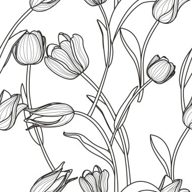 Vector floral seamless pattern. Black and white background with 