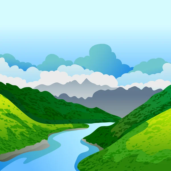 Vector summer or spring landscape. Panorama of green mountains, — Vector de stock