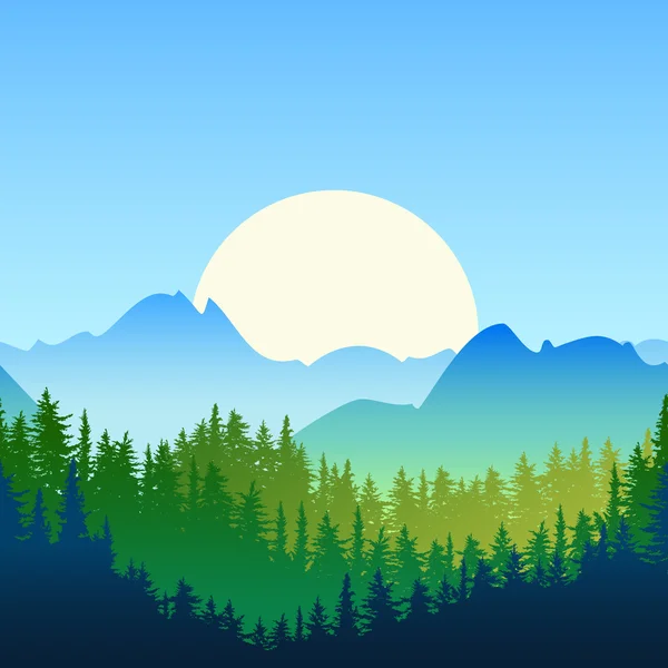 Illustration of summer or spring landscape. Sun, mountains, gree — Vector de stock