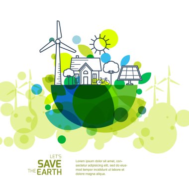 Vector illustration of earth with outline of wind turbine, house