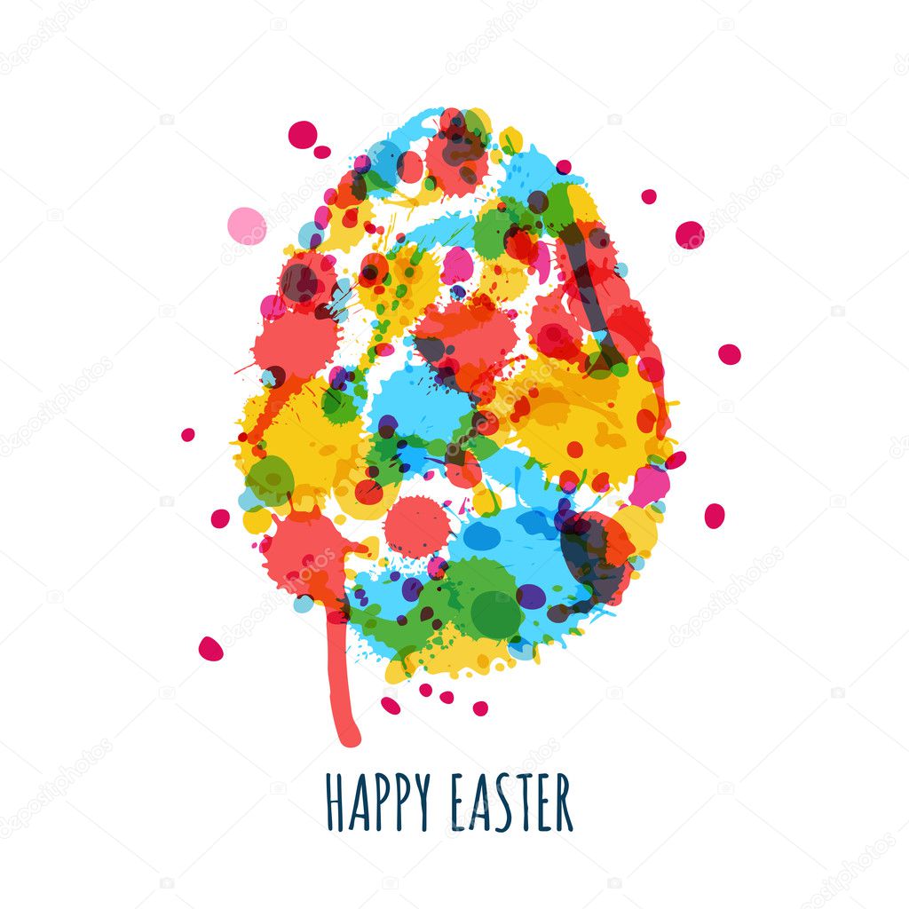 Easter greeting card with multicolor egg made from watercolor sp