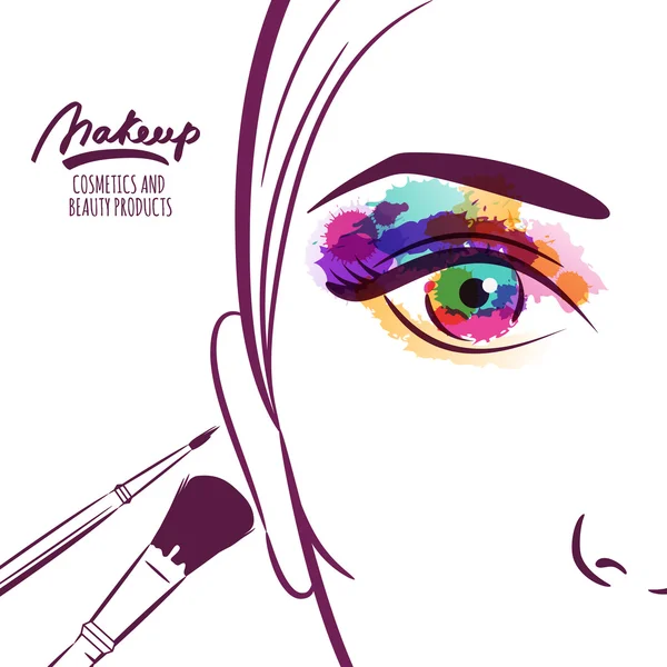 Vector illustration of young woman face with colorful eye and ma — Vettoriale Stock