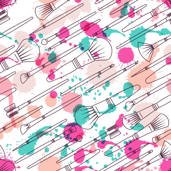 Vector seamless pattern with makeup brushes, watercolor blots an — 스톡 벡터