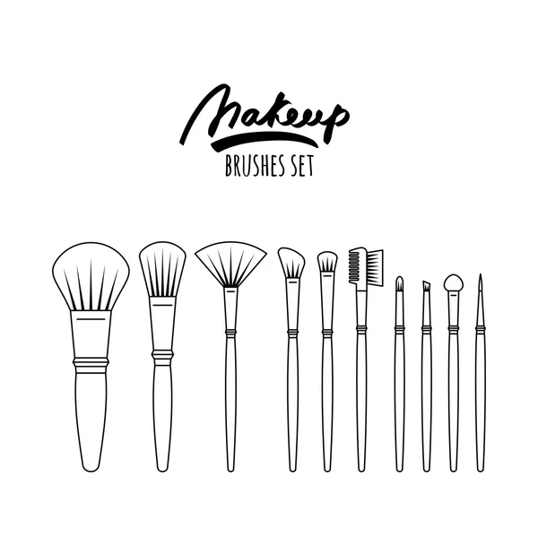 Makeup brushes kit, isolated on white background. Vector outline - Stok Vektor
