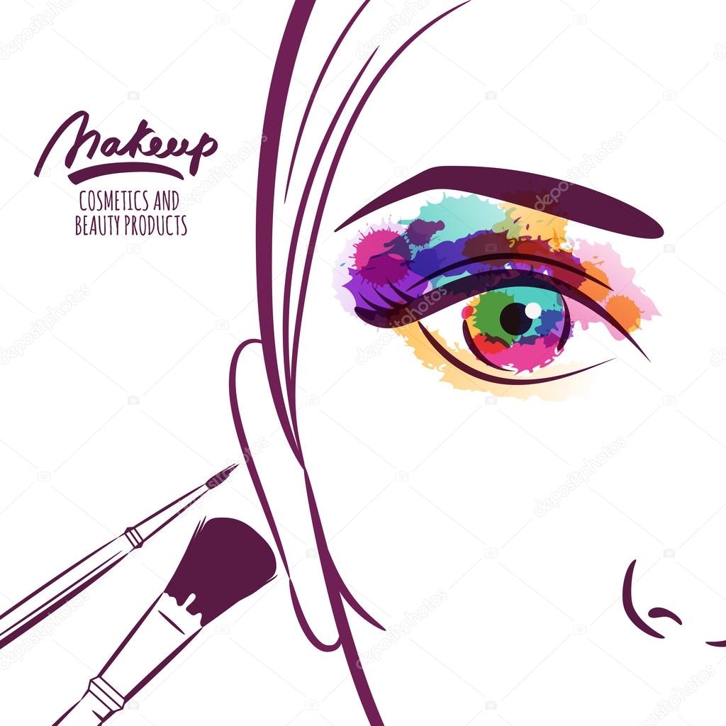 Vector illustration of young woman face with colorful eye and ma