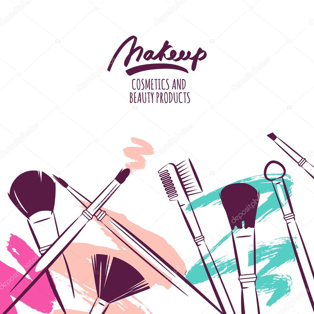 Watercolor hand drawn illustration of makeup brushes on colorful