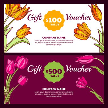 Vektör çiçek hediye çeki şablonu. Renkli bahar arka plan 