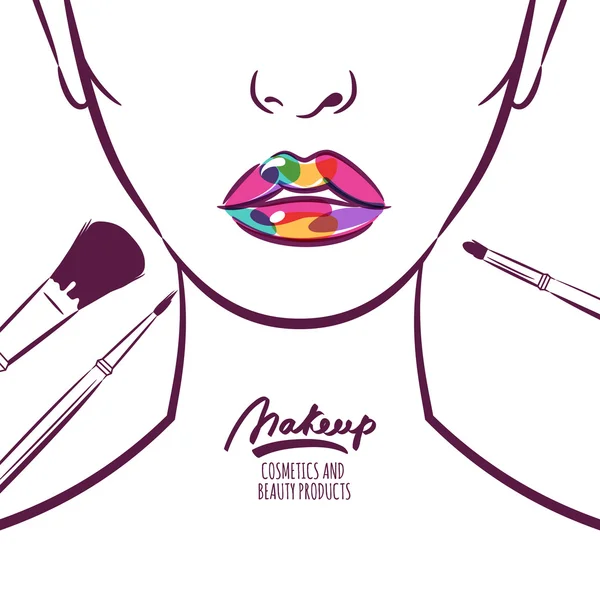 Genç kadın yüz renkli dudaklar ve m ile vektör çizim — Stok Vektör