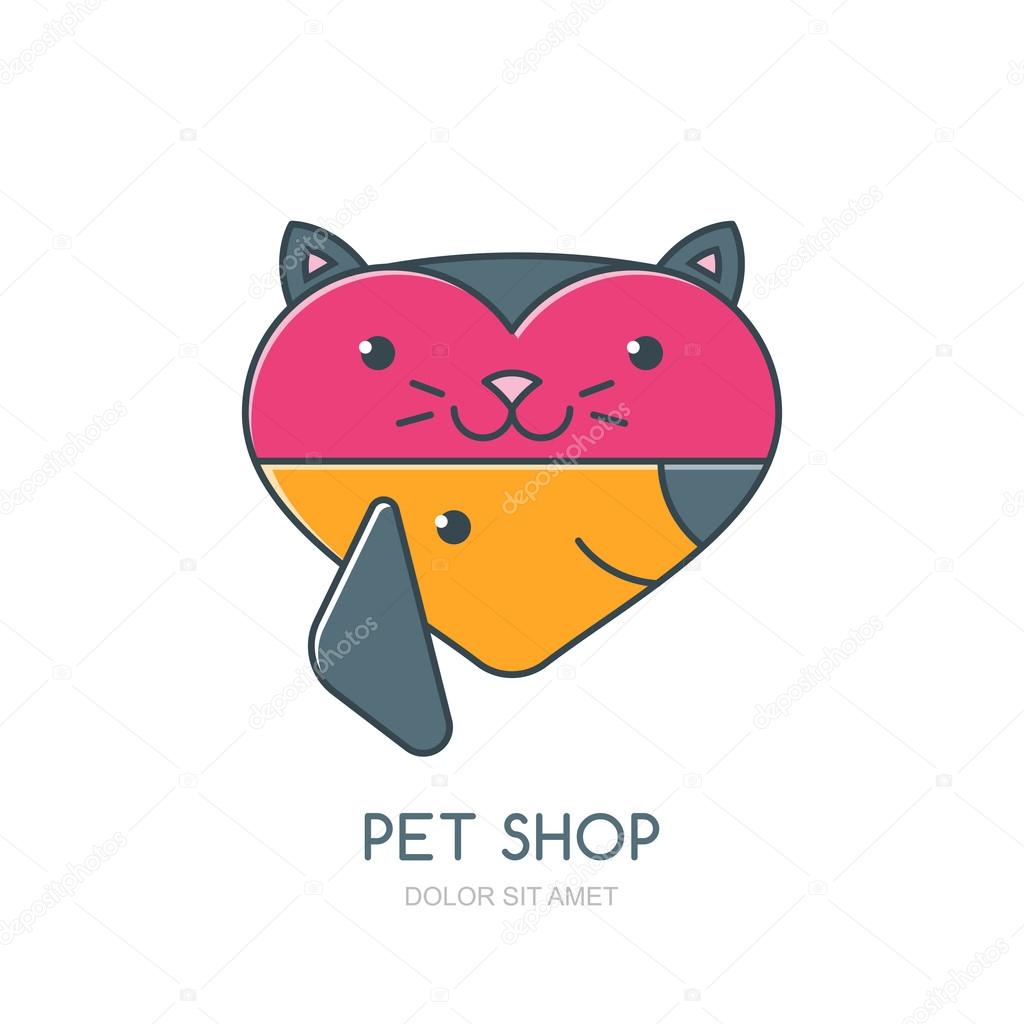 Vector illustration of cute muzzle of cat and dog in heart shape. Logo, icon or label design element. Trendy concept for pet shop, pets care and grooming, veterinary.