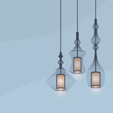 Fener ışık avizeler, metniniz için kopya alanı ile mavi arka plan üzerinde asılı ayrıntı kümesi