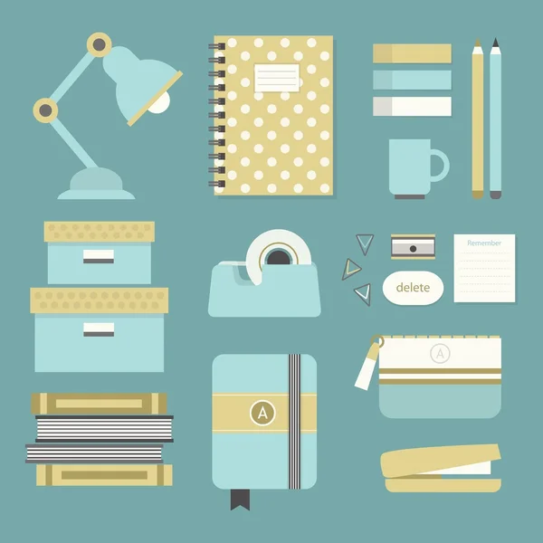 Conjunto de artículos de oficina e iconos de papelería modernos azules y amarillos - Diseño plano — Vector de stock