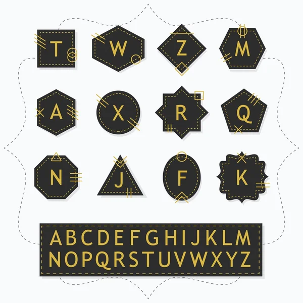 Zwarte silhouet fundamentele vormen labels en stickers met gouden stippellijn en alfabetische letters verrekening op witte achtergrond — Stockvector