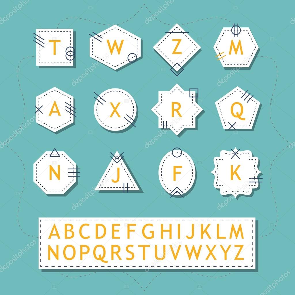 White silhouette basic shapes labels and stickers with dashed line and orange alphabetical letters set on trendy blue green background