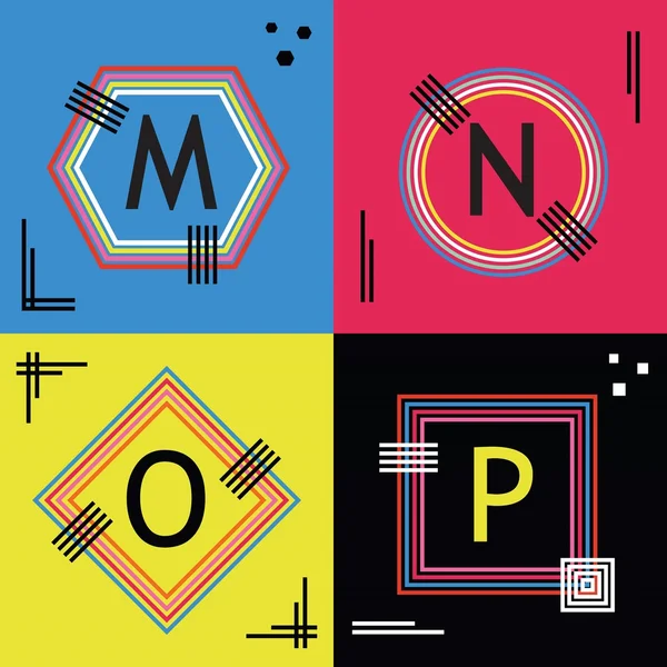Renkli çizgi büyük harf M, N, O ve P amblemi Icons set