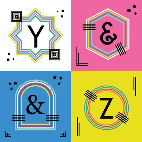 Letras maiúsculas de linha coloridas Y, Z e símbolos de ampersand conjunto de ícones de emblema — Vetor de Stock