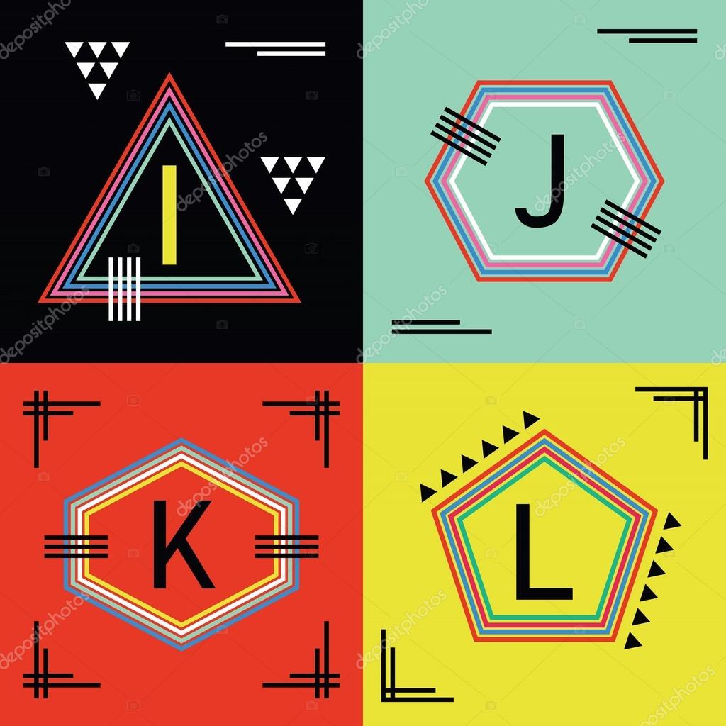 Colorful line capital letters I, J, K, and L emblem icons set
