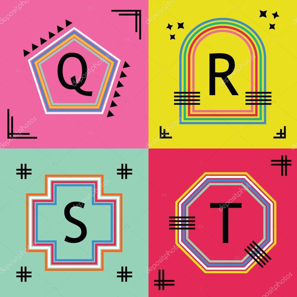 Colorful line capital letters Q, R, S, and T emblem icons set