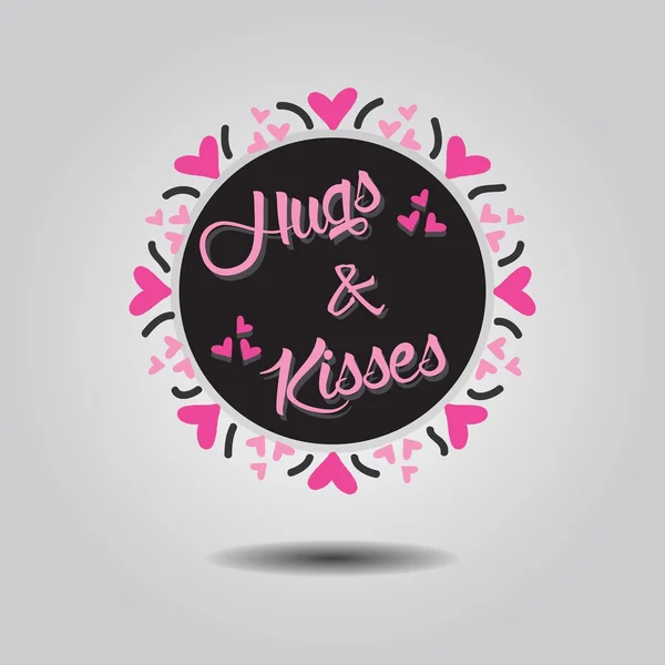 Hugs and Kisses black and pink circle label with heart pattern border on gray gradient background — Stock Vector