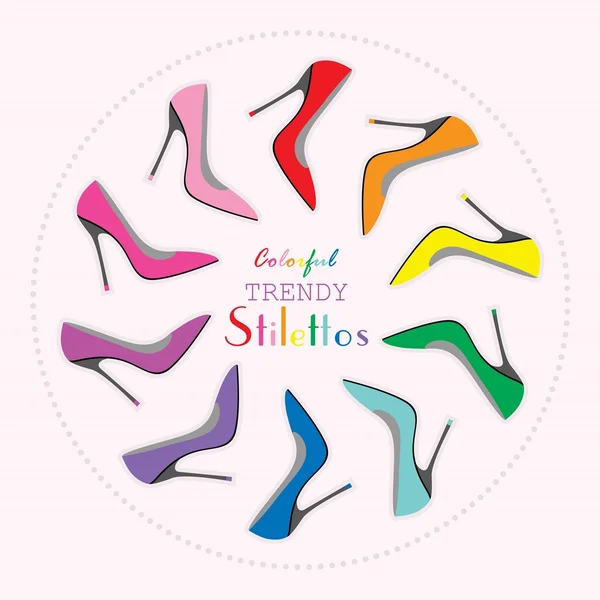 Kreis-Arrangement aus bunten sexy Stilettos High Heels auf hellrosa Hintergrund — Stockvektor