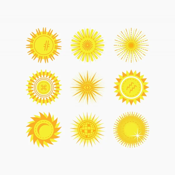 Isolado bonito amarelo sol e ícones de flores definido no fundo branco —  Vetores de Stock