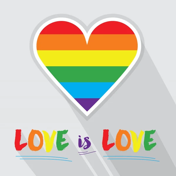 Bandiera dell'orgoglio arcobaleno Modello a forma di cuore e AMORE è messaggio AMORE con lunga ombra su sfondo grigio — Vettoriale Stock