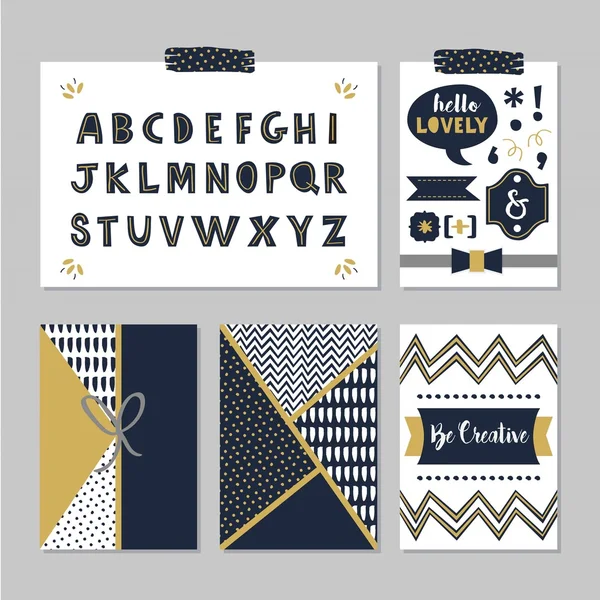 Golden and dark navy blue alphabets and design elements set on trendy gray background — Stock Vector