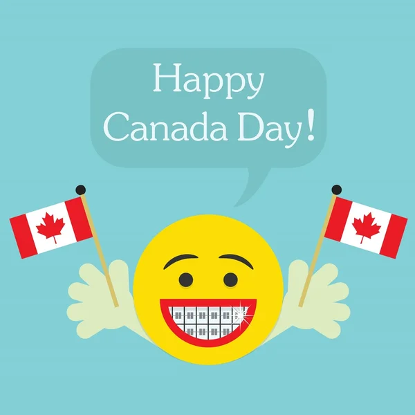 Buon Canada Day! faccina icona sorridente con grande sorriso e denti ortodontici, mani che tengono bandiere canadesi e bolla vocale — Vettoriale Stock